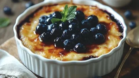 High-protein blueberry cottage cheese breakfast bake topped with fresh blueberries.