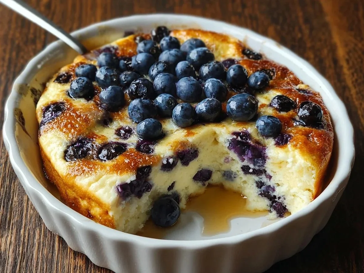 High protein blueberry cottage cheese bake topped with fresh blueberries