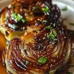 Honey balsamic cabbage steaks served on a plate with a drizzle of sauce