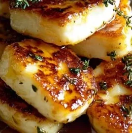 Plate of honey-glazed halloumi garnished with thyme leaves.
