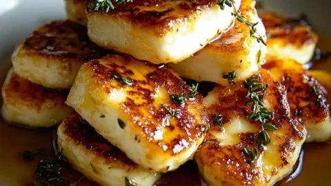 Plate of honey-glazed halloumi garnished with thyme leaves.