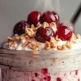 Bowl of cherry pie overnight oats topped with fresh cherries and cream