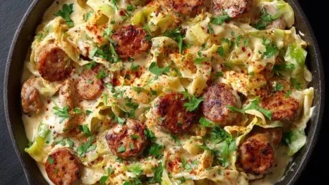 Keto sausage and cabbage skillet served in a frying pan