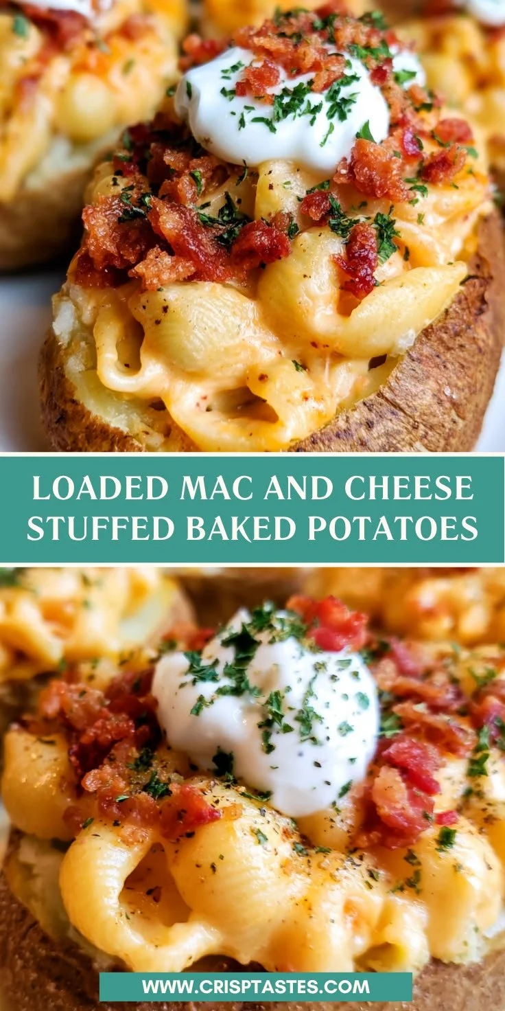 Loaded mac and cheese stuffed baked potatoes topped with crispy breadcrumbs.