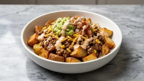 Loaded Potato Taco Bowl with fresh ingredients and vibrant toppings