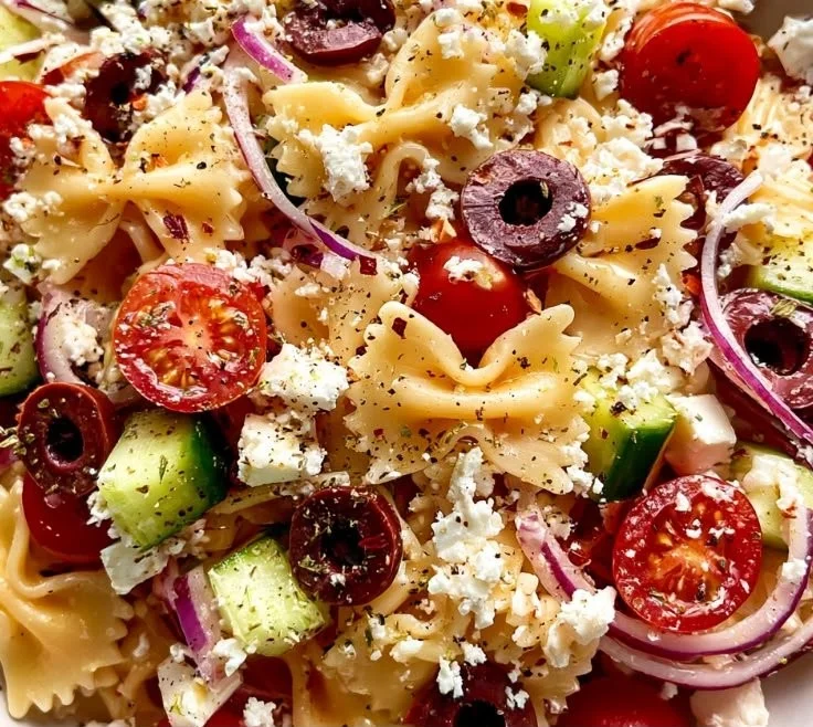 Colorful Mediterranean Pasta Salad with fresh veggies and herbs