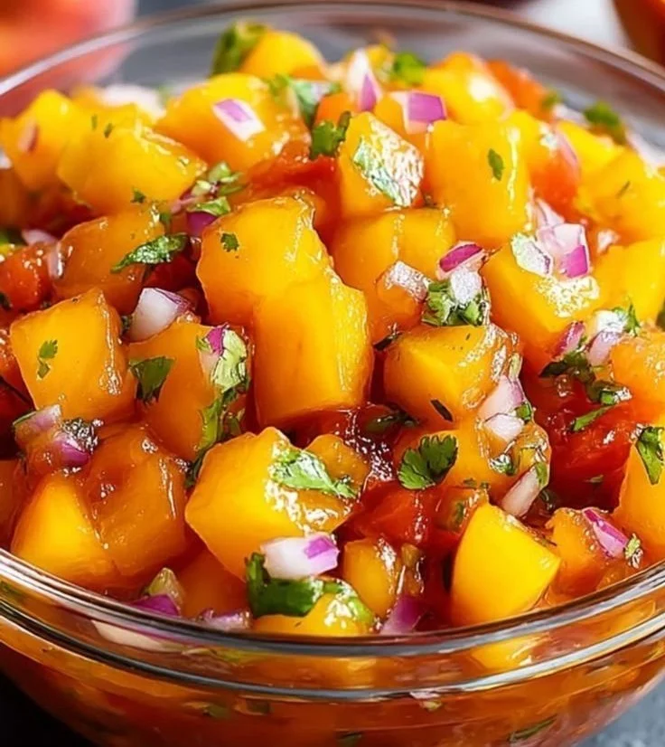 Fresh homemade peach salsa with chopped peaches, cilantro, and lime
