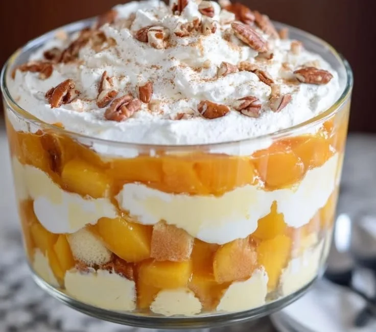 Delicious Peach Trifle layered with fresh peaches and creamy whipped topping