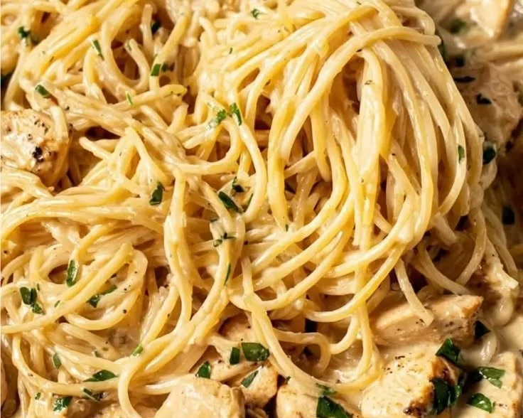 Delicious quick garlic chicken pasta served in a bowl with fresh herbs