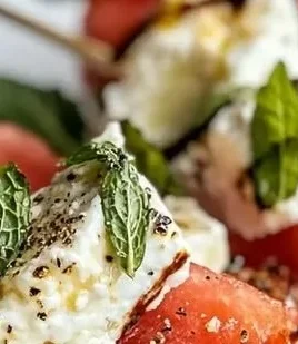 Delicious watermelon skewers with feta cheese on a platter