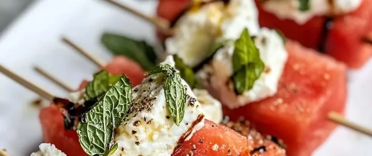 Delicious watermelon skewers with feta cheese on a platter