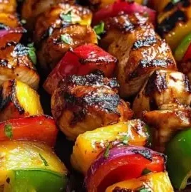 Grilled chicken pineapple kabobs on a skewer with vibrant colors.
