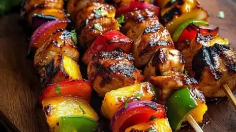 Grilled chicken pineapple kabobs on a skewer with vibrant colors.