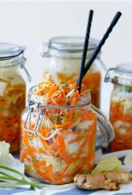 Homemade simple fermented kimchi in a jar with fresh ingredients.