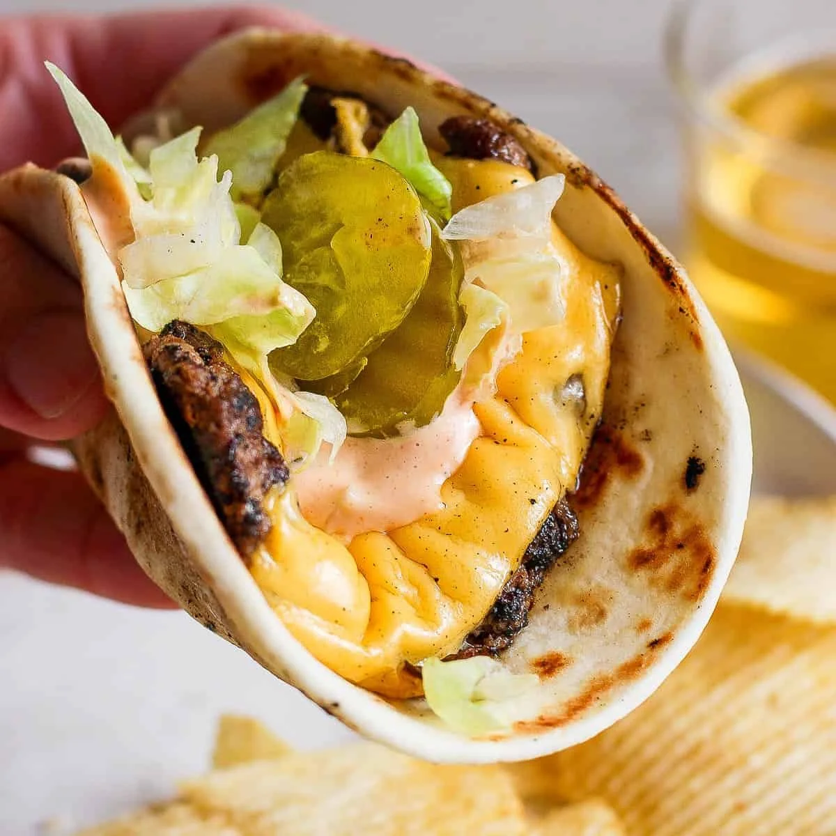 Delicious Smash Burger Taco with burger sauce ready to serve