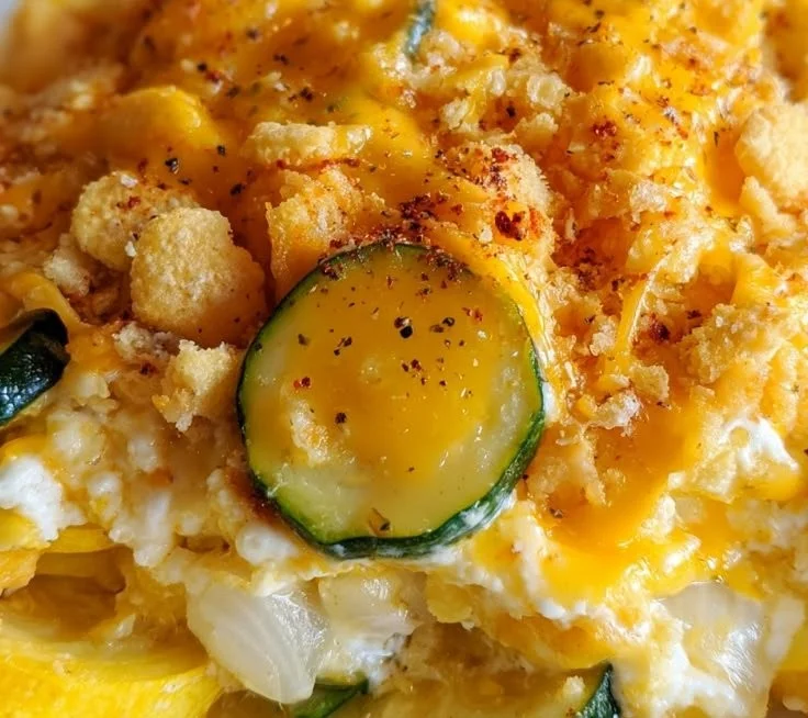 Southern zucchini and squash casserole baked with cheese and breadcrumbs.