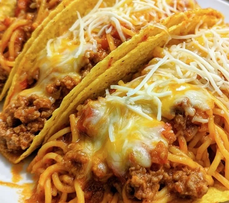 Spaghetti tacos with ground beef served on a plate
