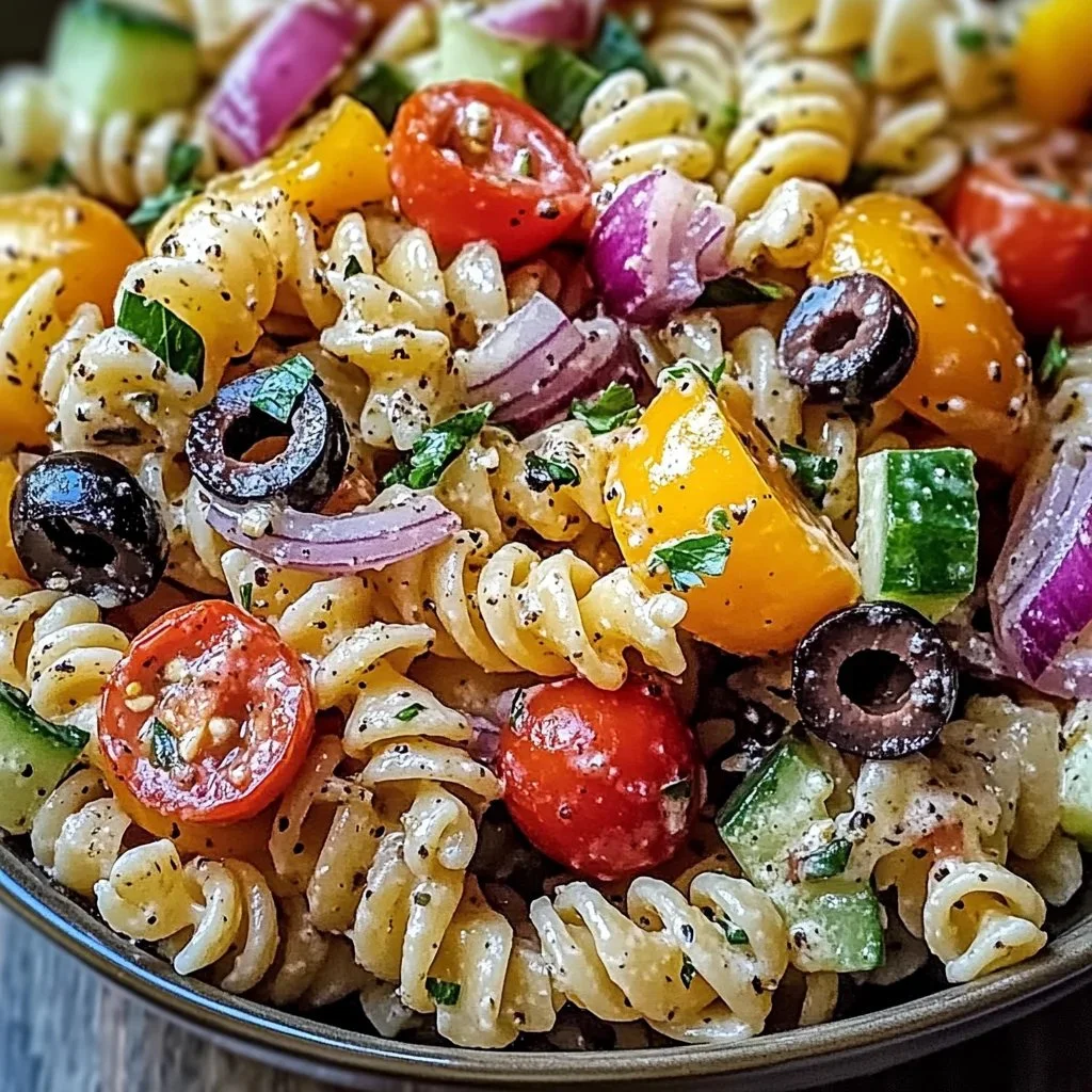 Bowl of addictive Crack Pasta Salad with vibrant vegetables and dressing.