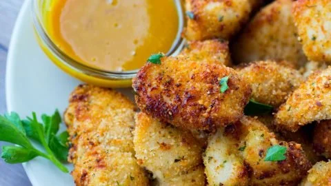 Crispy Air Fryer Garlic Parmesan Chicken Nuggets on a plate