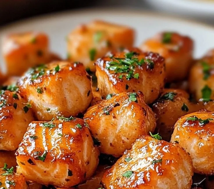 Delicious air fryer honey garlic salmon bites served with fresh herbs.