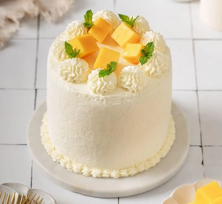 Asian bakery-style mango cake topped with fresh mango slices