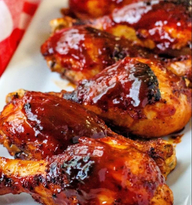Baked BBQ chicken drumsticks with a sticky glaze, served on a white plate.