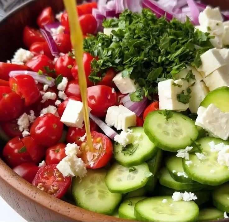 Delicious Greek Cucumber Tomato Salad served in a bowl