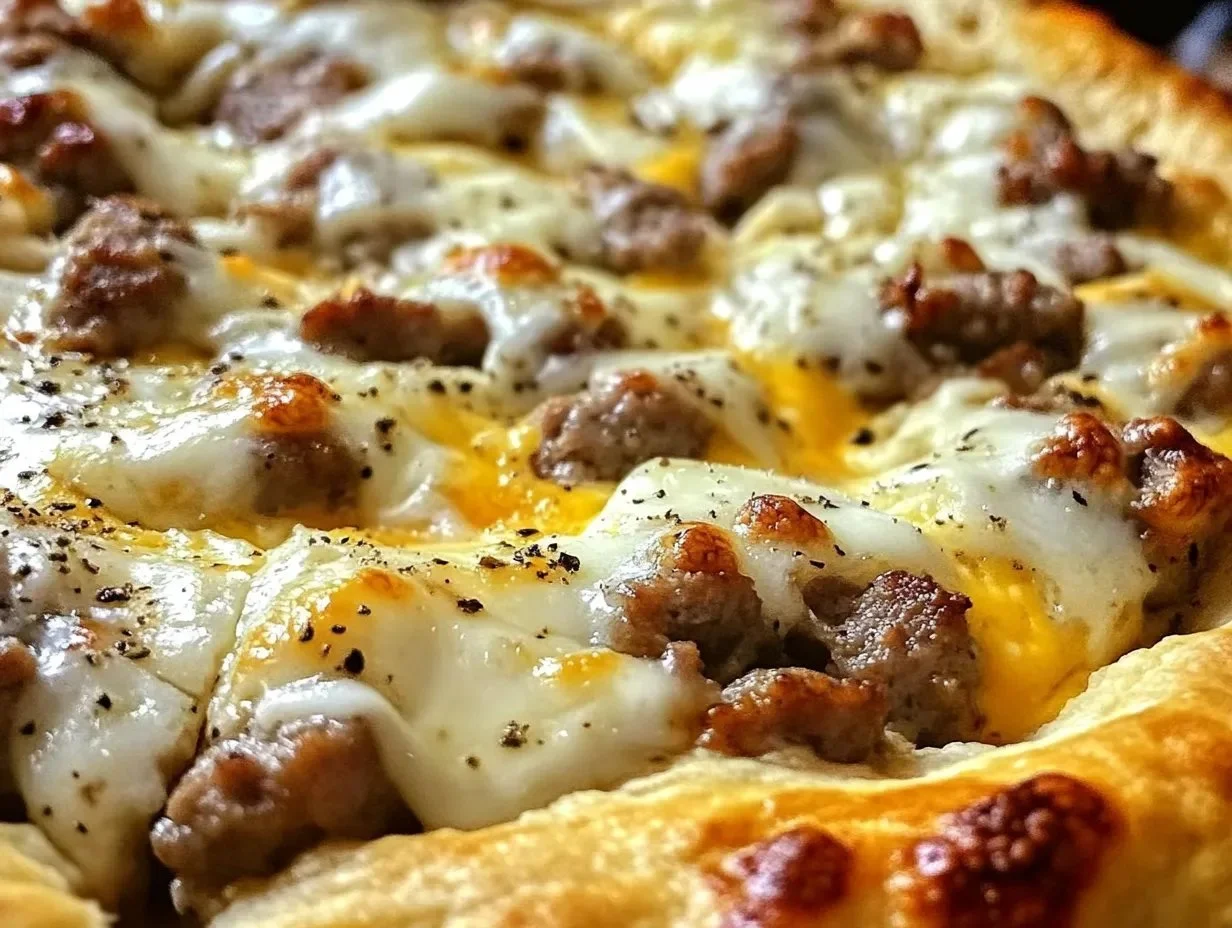 Delicious Biscuits and Sausage Gravy Breakfast Pizza topped with savory ingredients