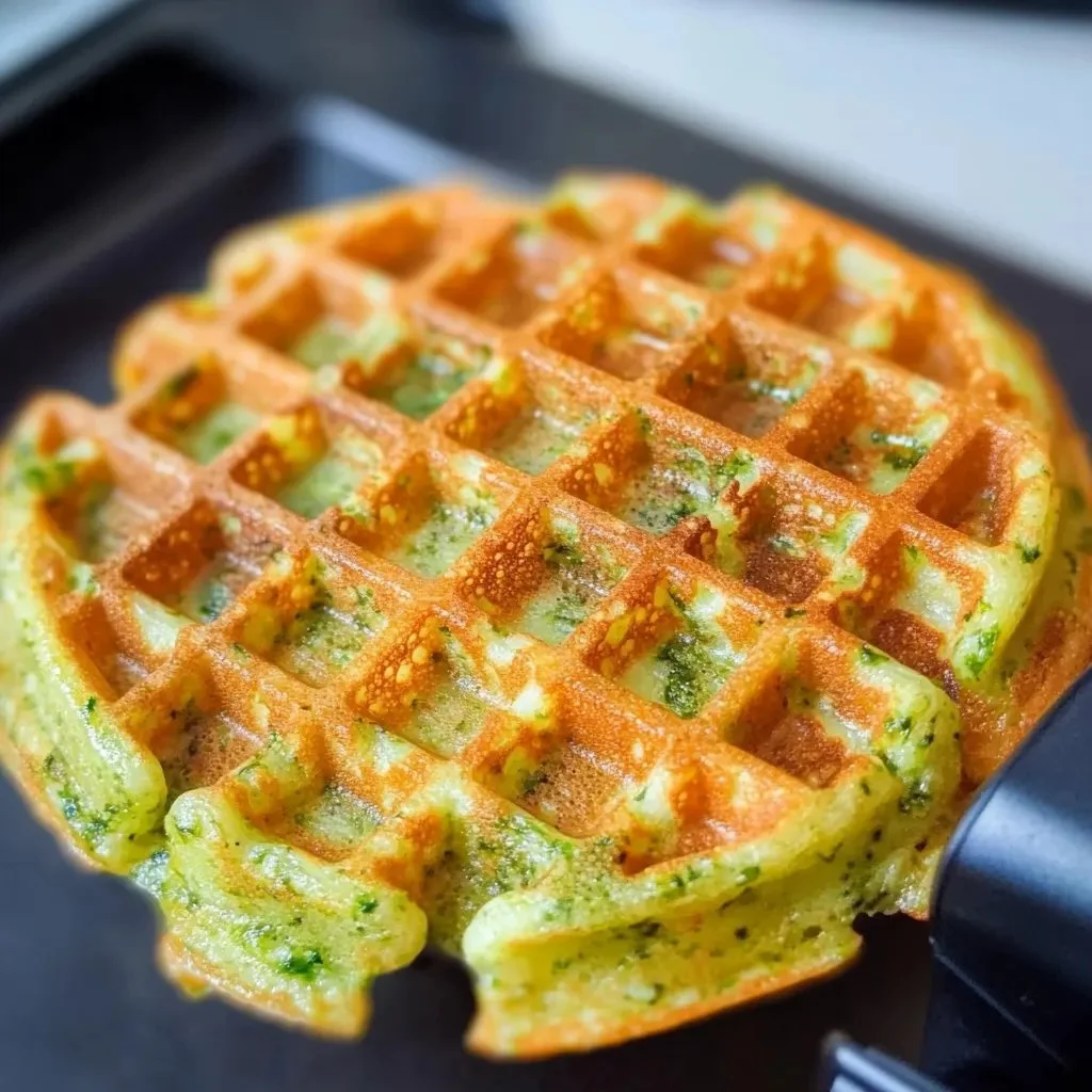Golden broccoli cheese waffles stacked with melted cheese and fresh broccoli pieces.