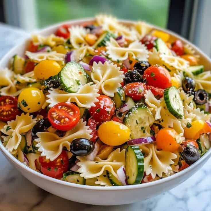 Bowl of colorful California pasta salad with vegetables and dressing