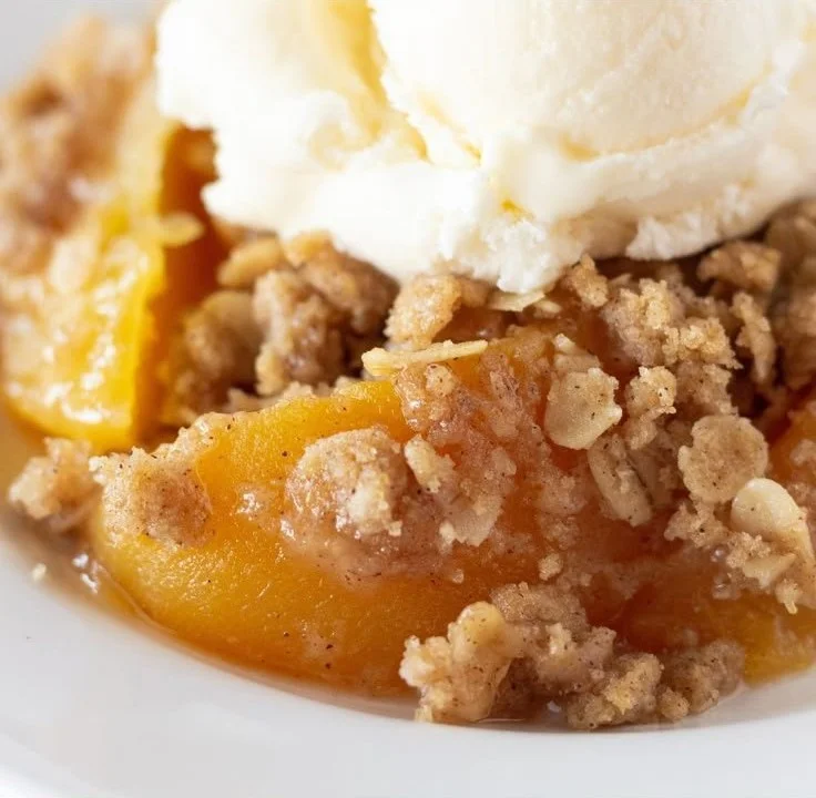 Delicious canned peach crisp topped with oatmeal and brown sugar
