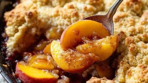 Delicious cast iron peach cobbler with golden crust and fresh peaches