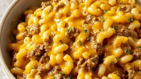 Delicious cheesy hamburger helper served in a bowl with cheese and herbs