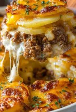Delicious cheesy hamburger potato casserole served in a baking dish