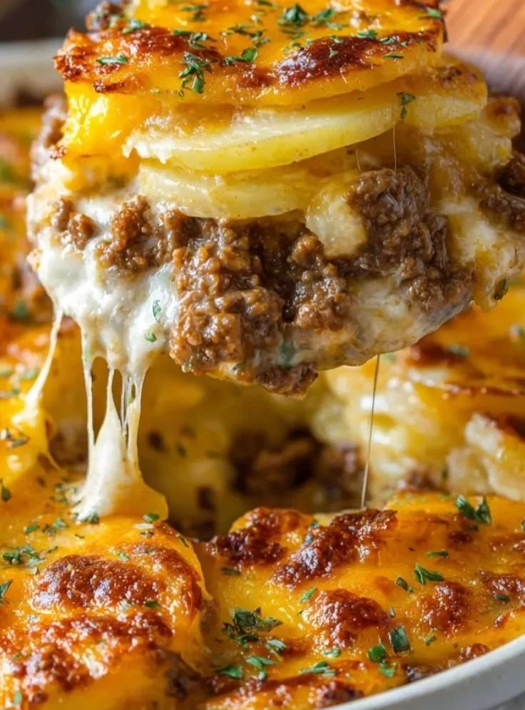 Delicious cheesy hamburger potato casserole served in a baking dish