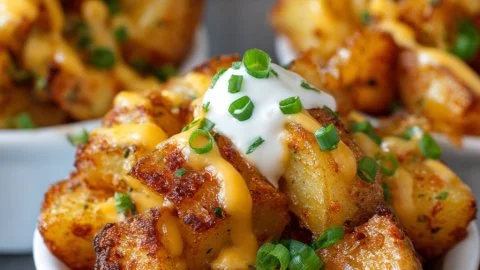 Delicious Cheesy Taco Potatoes topped with cheese and spices