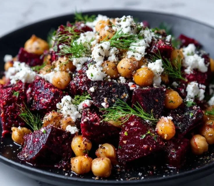 Colorful Chickpea Beet Feta Salad with fresh ingredients in a bowl.