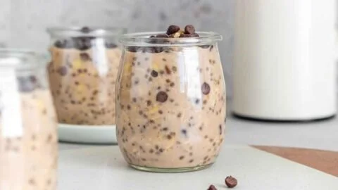 Bowl of chocolate protein overnight oats topped with fruits and nuts