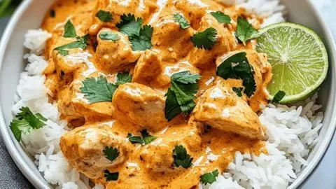 Delicious Coconut Chicken Rice Bowl served with creamy sauce and fresh ingredients