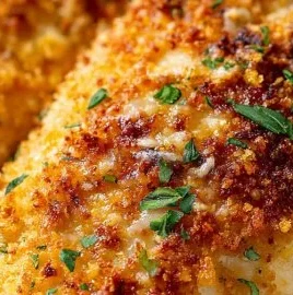 Delicious Parmesan Crusted Chicken served with herbs and spices