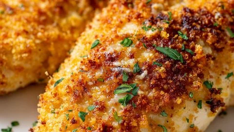 Delicious Parmesan Crusted Chicken served with herbs and spices