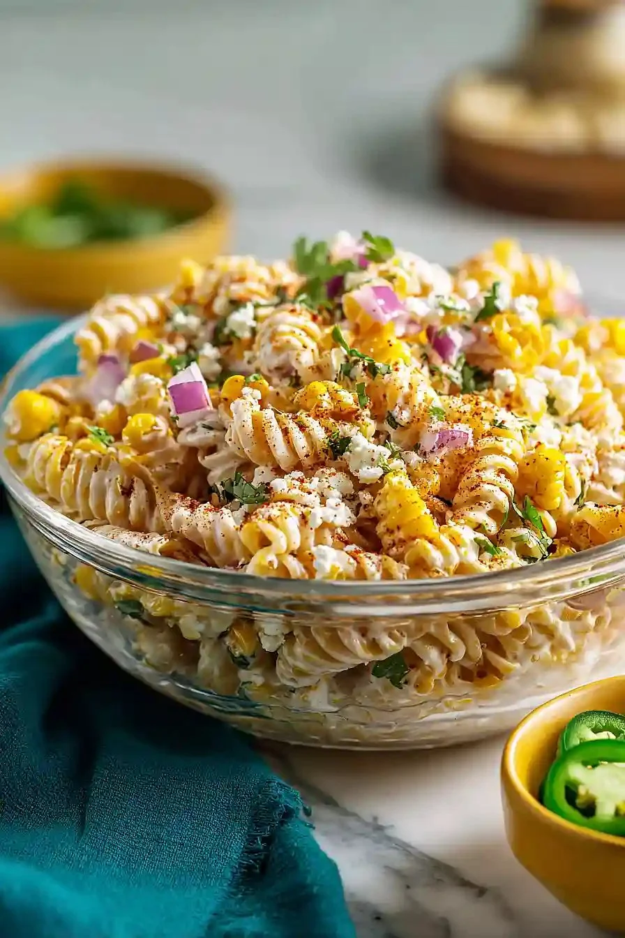 Delicious Cotija Mexican Style elote pasta salad served in a colorful bowl.