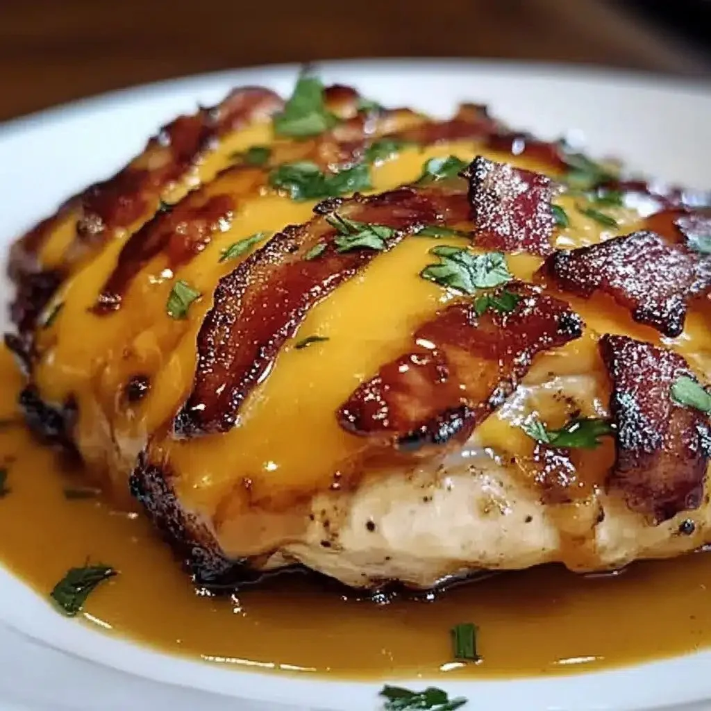 Delicious Cowboy BBQ Bacon Cheddar Chicken served on a wooden platter
