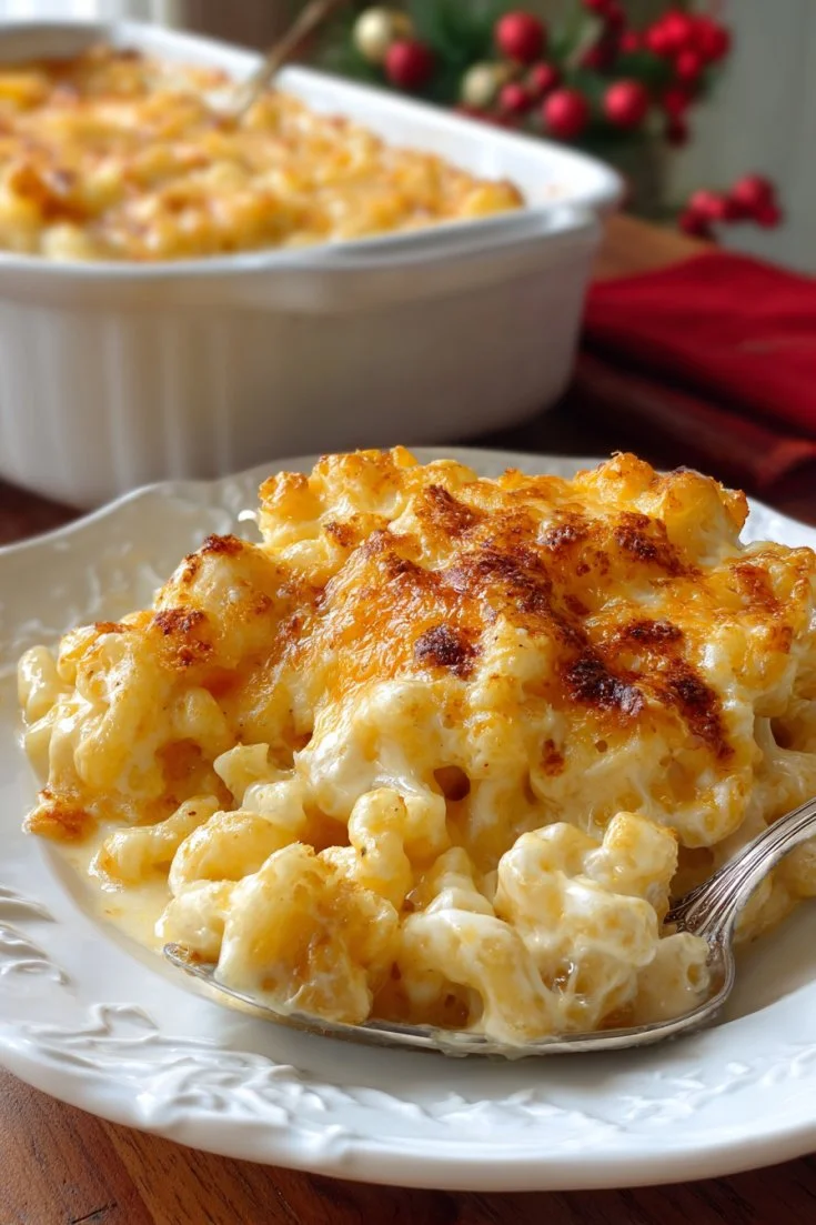 Delicious creamy baked macaroni and cheese in a casserole dish