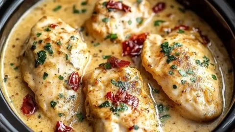 Creamy Dump and Go Crockpot Marry Me Chicken served in a bowl