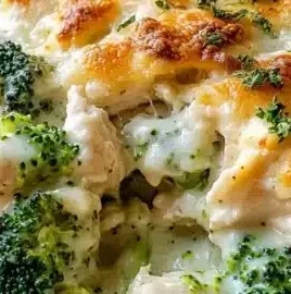 Creamy Keto Chicken Alfredo Broccoli Bake topped with cheese