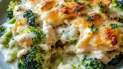 Creamy Keto Chicken Alfredo Broccoli Bake topped with cheese