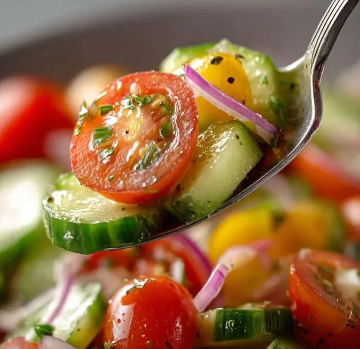Fresh Cucumber Tomato Salad with herbs and dressing in a bowl