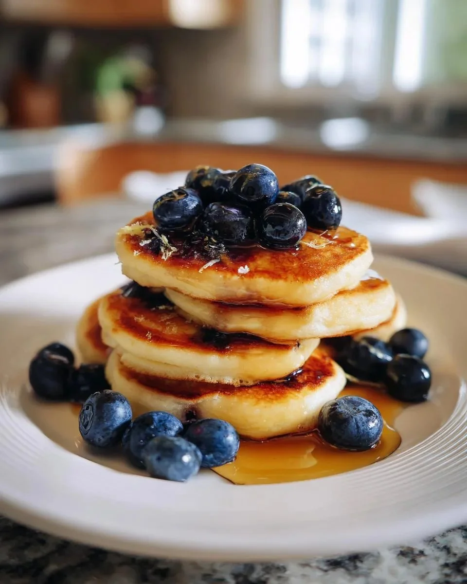 Lemon blueberry cottage cheese pancake bites served on a plate