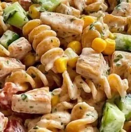 Bowl of barbecue chicken pasta salad ready for summer barbecues and picnics